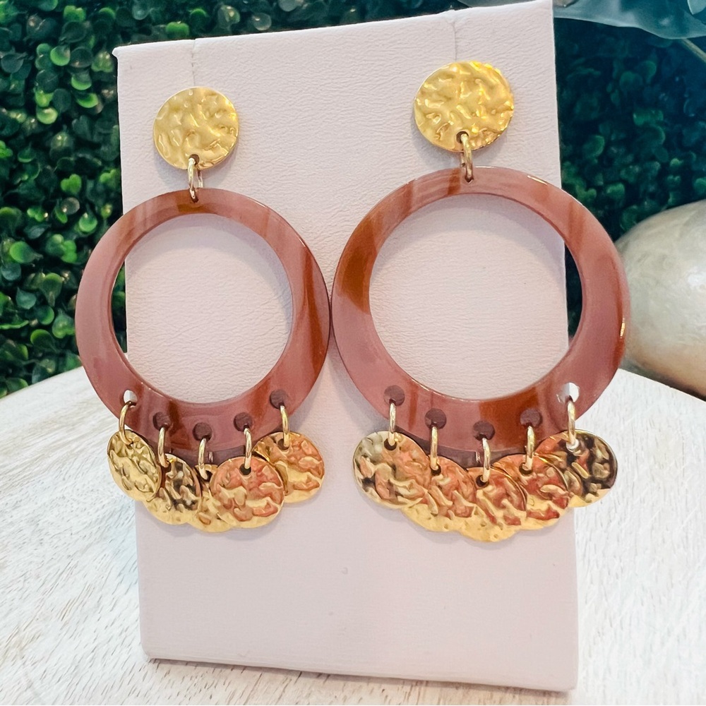New Mauve and Copper Acrylic Open Circle Earrings | Hammered Detail | Post Back